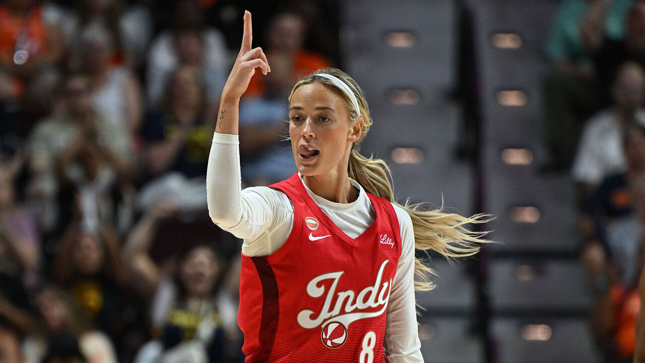 UNCASVILLE, CONNECTICUT - JUNE 13: Sophie Cunningham #8 of the Indiana Fever celebrates a three-pointer against the Connecticut Sun in the fourth quarter at Mohegan Sun Arena on June 13, 2026 in Uncasville, Connecticut.