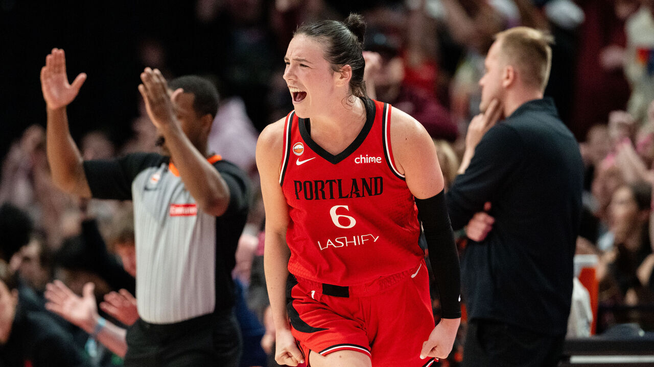 PORTLAND, OREGON - JUNE 13: Bridget Carleton #6 of the Portland Fire reacts after making a three point basket during the second half of a Commissioner's Cup game against the Dallas Wings at Moda Center on June 13, 2026 in Portland, Oregon.