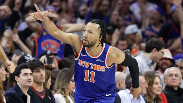 PHILADELPHIA, PENNSYLVANIA - MAY 10: Jalen Brunson #11 of the New York Knicks reacts after a basket against the Philadelphia 76ers during the first quarter in Game Four of the Second Round of the NBA Eastern Conference Playoffs at Xfinity Mobile Arena on May 10, 2026 in Philadelphia, Pennsylvania.