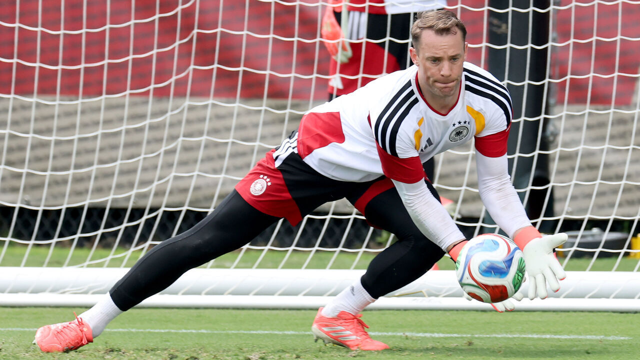 WINSTON-SALEM, NORTH CAROLINA - JUNE 13: Manuel Neuer of Germany safes the ball during the training session of Germany at W. Dennie Spry Soccer Stadium one day ahead of the FIFA World Cup 2026 Group E match between Germany and Curacao at Houston Stadium on June 13, 2026 in Winston-Salem, North Carolina.