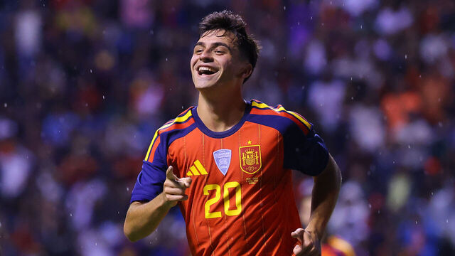 PUEBLA, MEXICO - JUNE 08: Pedri of Spain celebrates after scoring the team's second goal during the international friendly match between Peru and Spain at Estadio Cuauhtémoc on June 08, 2026 in Puebla, Mexico.