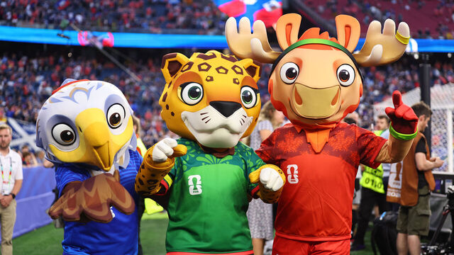 BOSTON, MASSACHUSETTS - JUNE 13: Official FIFA World Cup 2026 mascots, for Canada, Mexico and USA, Maple the Moose, Zayu the Jaguar and Clutch the Bald Eagle during the FIFA World Cup 2026 Group C match between Haiti and Scotland at Boston Stadium on June 13, 2026 in Boston, United States.