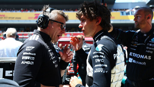 BARCELONA, SPAIN - JUNE 14: Peter Bonnington, Race Engineer of Mercedes AMG Petronas F1 Team and Andrea Kimi Antonelli of Italy and Mercedes AMG Petronas F1 Team talk on the grid during the F1 Grand Prix of Barcelona-Catalunya at Circuit de Barcelona-Catalunya on June 14, 2026 in Barcelona, Spain.