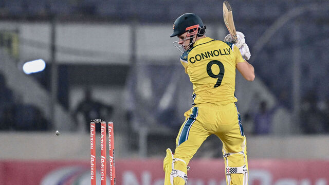 Australia's Cooper Connolly is clean bowled Bangladesh's Mustafizur Rahman during the third one-day international (ODI) cricket match between Bangladesh and Australia at the Sher-e-Bangla National Stadium in Dhaka on June 14, 2026.