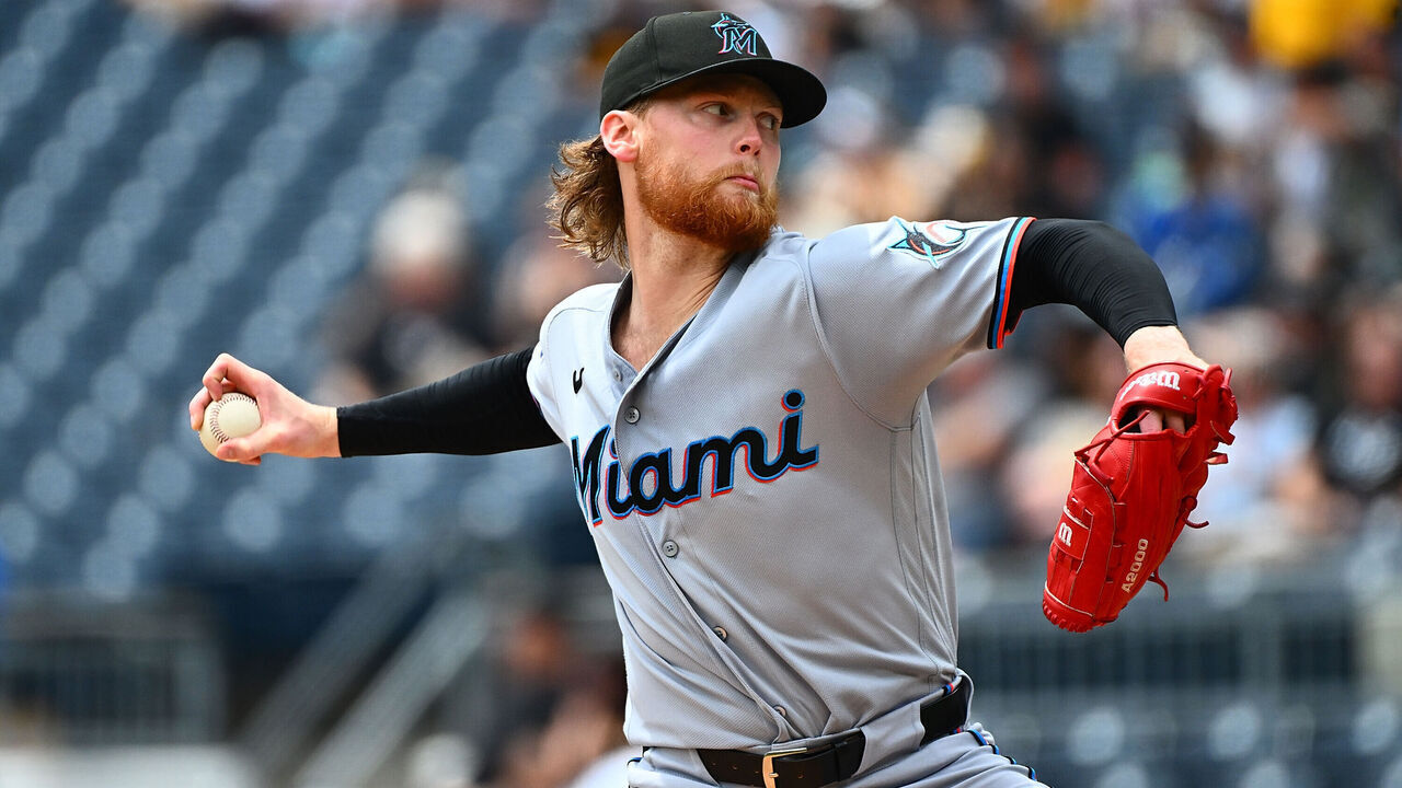 PITTSBURGH, PENNSYLVANIA - JUNE 14: Max Meyer #23 of the Miami Marlins pitches in the first inning during the game against the Pittsburgh Pirates at PNC Park on June 14, 2026 in Pittsburgh, Pennsylvania.