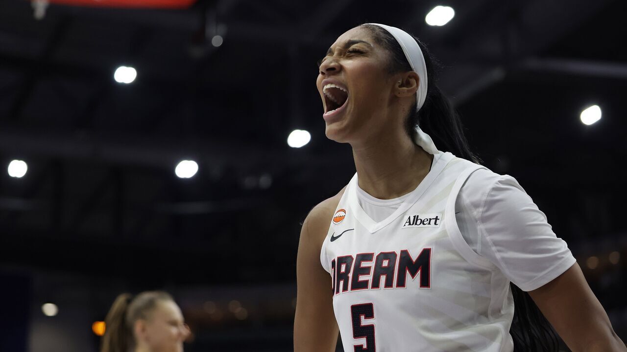 TORONTO, ON - JUNE 14 - Angel Reese #5 of the Atlanta Dream celebrates after getting the basket and one as the Toronto Tempo play the Atlanta Dream at Coca-Cola Coliseum in Toronto. June 14, 2026. Steve Russell/Toronto Star (Steve Russell/Toronto Star via Getty Images)