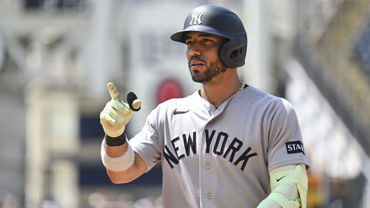 CLEVELAND, OH - JUNE 10: José Caballero #72 of the New York Yankees celebrates after hitting a two-run single in the seventh inning during the game between the New York Yankees and the Cleveland Guardians at Progressive Field on Wednesday, June 10, 2026 in Cleveland, Ohio.