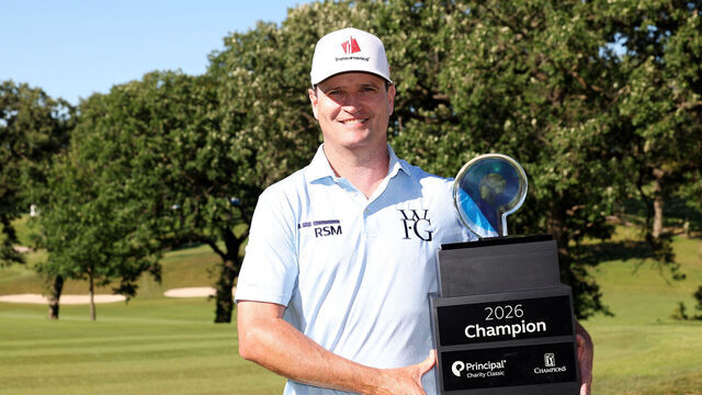 DES MOINES, IOWA - JUNE 14: Zach Johnson of the United States poses with the trophy after winning the Principal Charity Classic 2026 at Wakonda Club on June 14, 2026 in Des Moines, Iowa.