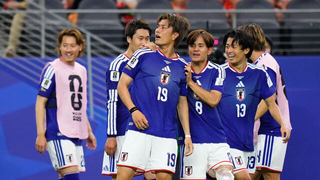 DALLAS, TEXAS - JUNE 14: Koki Ogawa of Japan celebrates a goal scored by Daichi Kamada of Japan during the FIFA World Cup 2026 Group F match between Netherlands and Japan at Dallas Stadium on June 14, 2026 in Dallas, Texas.
