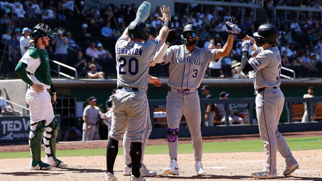 LAS VEGAS, NEVADA - JUNE 14: Willi Castro #3 of the Colorado Rockies celebrates with teammates after hitting a grand slam in the eighth inning during a game against the Athletics at Las Vegas Ballpark on June 14, 2026 in Las Vegas, Nevada.