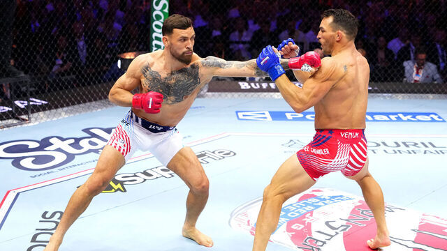 WASHINGTON, DC - JUNE 14: (L-R) Mauricio Ruffy of Brazil strikes Michael Chandler in a lightweight fight during the UFC Freedom 250 event on the South Lawn at the White House on June 14, 2026 in Washington, DC.