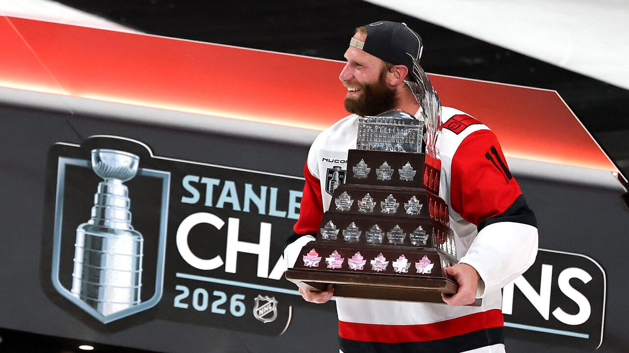 LAS VEGAS, NEVADA - JUNE 14: Jordan Staal #11 of the Carolina Hurricanes poses with the Conn Smythe Trophy after winning in Game Six of the 2026 Stanley Cup Final against the Vegas Golden Knights 3-0 at T-Mobile Arena on June 14, 2026 in Las Vegas, Nevada.
