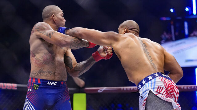 WASHINGTON, DC - JUNE 14: Ciryl Gane of France strikes Alex Pereira of Brazil in the UFC interim heavyweight championship fight during the UFC Freedom 250 event on the South Lawn at the White House on June 14, 2026 in Washington, DC.
