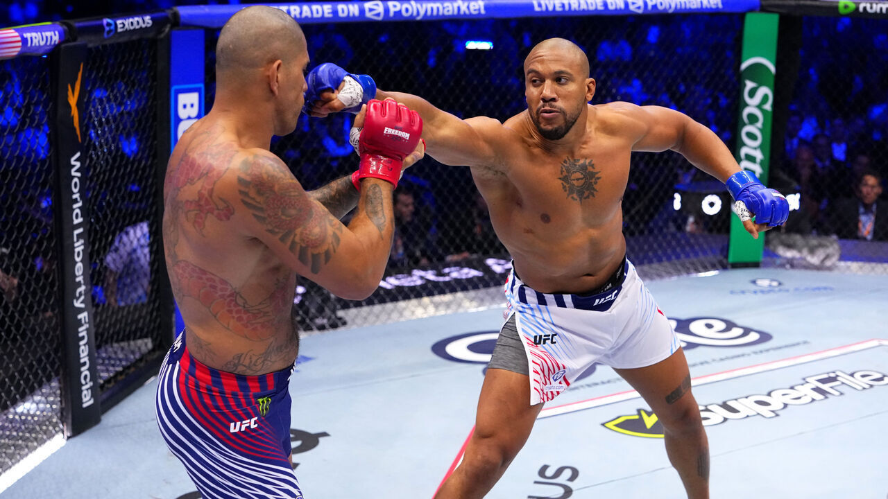 WASHINGTON, DC - JUNE 14: Ciryl Gane of France strikes Alex Pereira of Brazil in the UFC interim heavyweight championship fight during the UFC Freedom 250 event on the South Lawn at the White House on June 14, 2026 in Washington, DC.