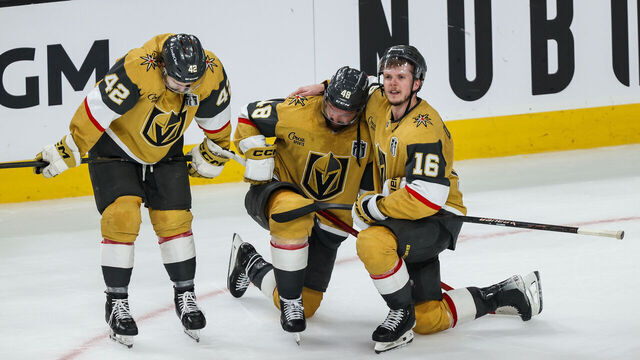 LAS VEGAS, NV - JUNE 14: Right wing Braeden Bowman #42, Center Tomas Hertl #48 and right wing Pavel Dorofeyev #16 of the Vegas Golden Knights are overcome with emotion after game six of the 2026 Stanley Cup Final between the Vegas Golden Knights and the Carolina Hurricanes on June 14, 2026, at T-Mobile Arena in Las Vegas, NV.