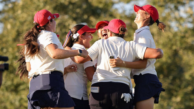 LOS ANGELES, CALIFORNIA - JUNE 14: Team USA reacts with Farah O'Keefe after her match during the Sunday Singles on Day Three of the 2026 Curtis Cup at Bel-Air Country Club on June 14, 2026 in Los Angeles, California.