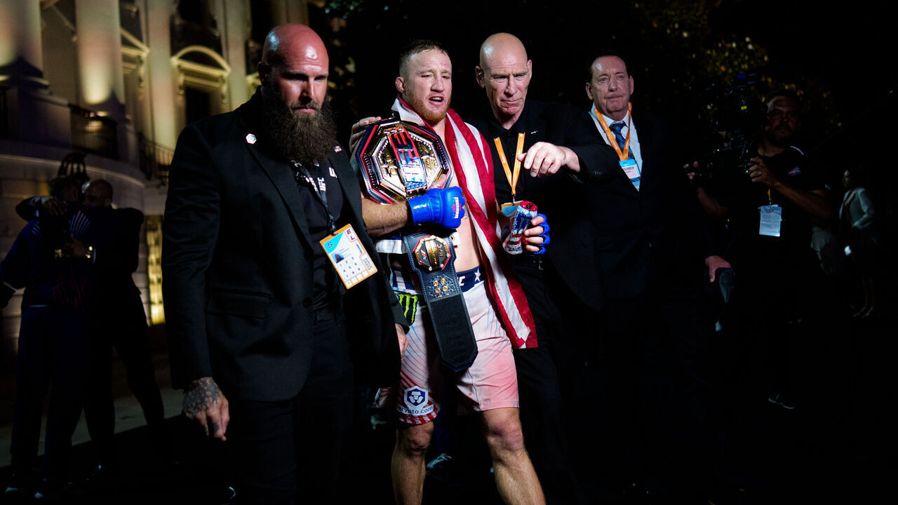 WASHINGTON, DC - JUNE 15: Justin Gaethje departs after defeating Ilia Topuria in a lightweight title bout during UFC Freedom 250 on the South Lawn of the White House on June 15, 2026 in Washington, DC. President Trump is hosting a series of Ultimate Fighting Championship matches on his 80th birthday, which the White House is calling "a once-in-a-generation celebration of the American fighting spirit."