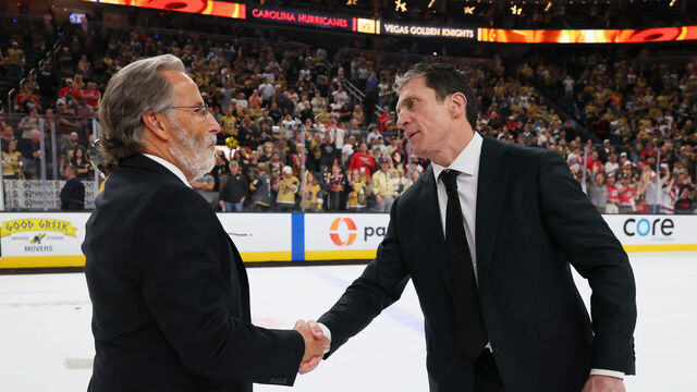 LAS VEGAS, NEVADA - JUNE 14: Head coach Rod Brind'Amour of the Carolina Hurricanes and head coach John Tortorella of the Vegas Golden Knights shake hands after the Carolina Hurricanes won in Game Six of the 2026 Stanley Cup Final 3-0 at T-Mobile Arena on June 14, 2026 in Las Vegas, Nevada.