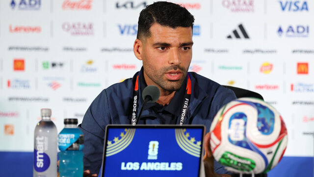 LOS ANGELES, CALIFORNIA - JUNE 14: Mehdi Taremi #9 of IR Iran during the training and press conference of IR Iran one day ahead of the FIFA World Cup 2026 Group G match between IR Iran and New Zealand at Los Angeles Stadium on June 14, 2026 in Los Angeles, California.