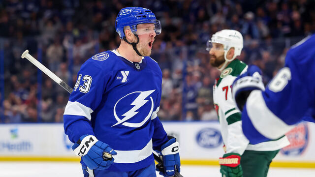 TAMPA, FL - MARCH 24: Darren Raddysh #43 of the Tampa Bay Lightning celebrates his goal against the Minnesota Wild during the second period at the Benchmark International Arena on March 24, 2026 in Tampa, Florida.