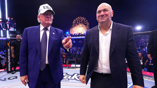 WASHINGTON, DC - JUNE 14: U.S. President Donald J. Trump and UFC President and CEO Dana White enter the Octagon during the UFC Freedom 250 event on the South Lawn at the White House on June 14, 2026 in Washington, DC.
