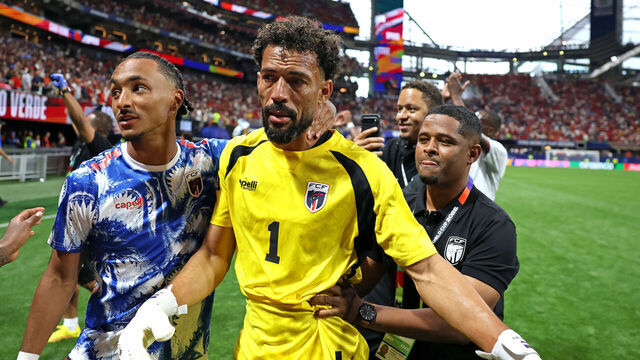 ATLANTA, GEORGIA - JUNE 15: Vozinha #1 of Cabo Verde is embraced by teammates after the 0-0 draw during the FIFA World Cup 2026 Group H match between Spain and Cabo Verde at Atlanta Stadium on June 15, 2026 in Atlanta, Georgia.