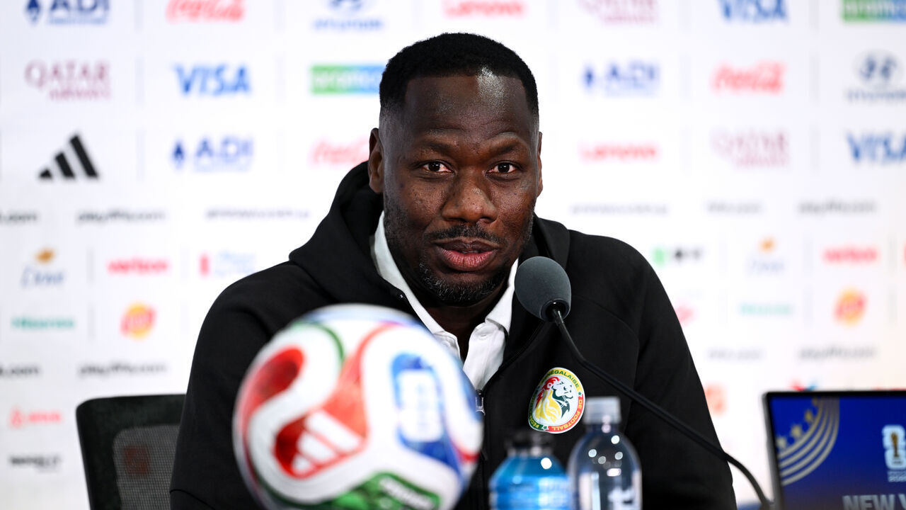 EAST RUTHERFORD, NEW JERSEY - JUNE 15: Pape Thiaw, Head Coach of Senegal, attends the press conference of Senegal one day ahead of the FIFA World Cup 2026 Group I match between France and Senegal at New York New Jersey Stadium on June 15, 2026 in East Rutherford, New Jersey.