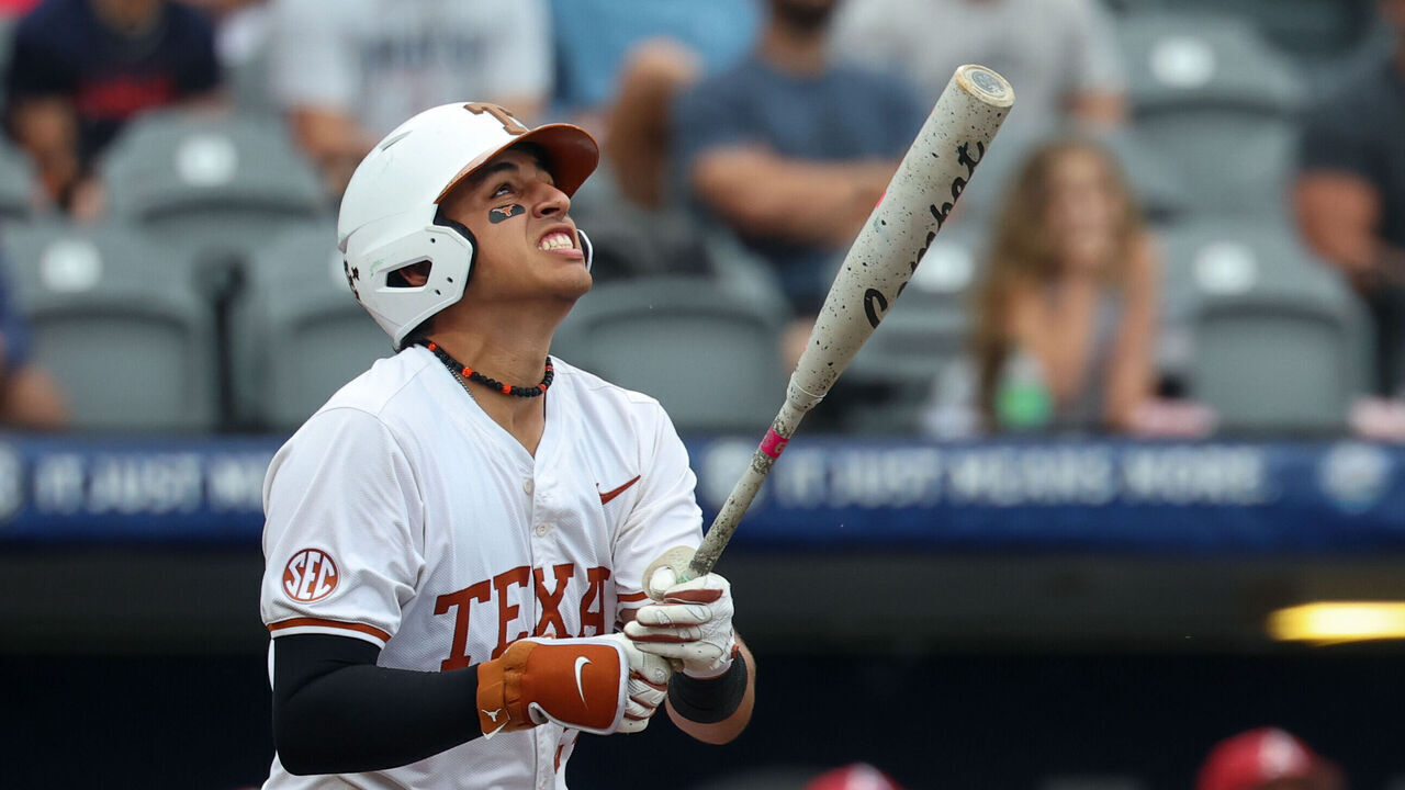 HOOVER, AL - MAY 22: Infielder Adrian Rodriguez #24 of the Texas Longhorns watches his fly ball from home plate during the SEC Baseball Tournament Quarterfinals game between Texas Longhorns and Arkansas Razorbacks on May 22, 2026, at Hoover Metropolitan Stadium in Hoover, Alabama.