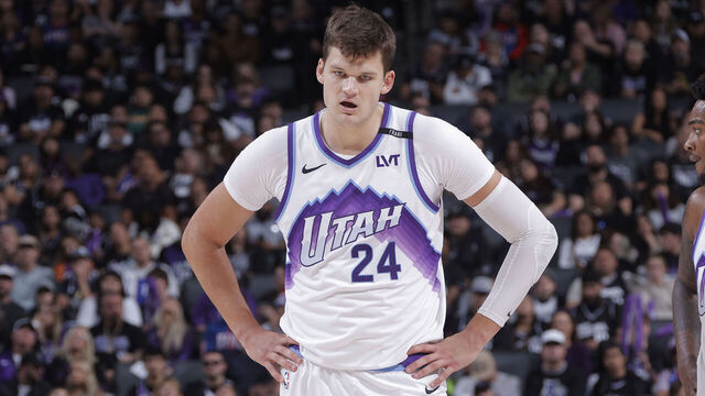 SACRAMENTO, CA - OCTOBER 24: Walker Kessler #24 of the Utah Jazz looks on during the game against the Sacramento Kings on October 24, 2025 at Golden 1 Center in Sacramento, California. NOTE TO USER: User expressly acknowledges and agrees that, by downloading and or using this photograph, User is consenting to the terms and conditions of the Getty Images Agreement. Mandatory Copyright Notice: Copyright 2025 NBAE