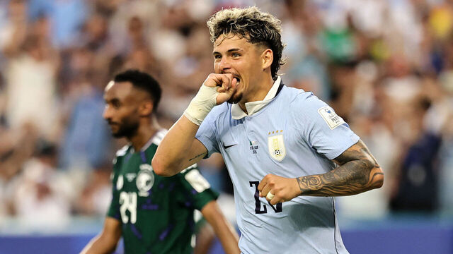 MIAMI, FLORIDA - JUNE 15: Maxi Araujo #20 of Uruguay celebrates scoring his team's first goal during the FIFA World Cup 2026 Group H match between Saudi Arabia and Uruguay at Miami Stadium on June 15, 2026 in Miami, Florida.
