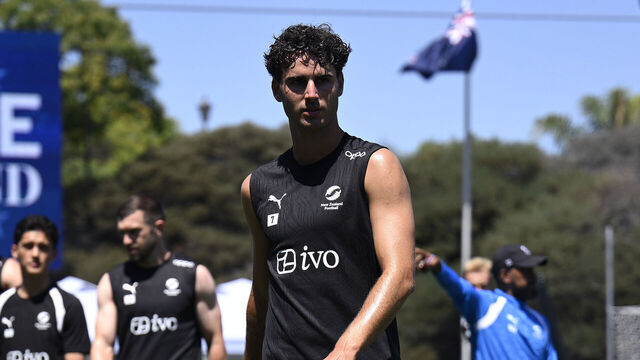SAN DIEGO, CALIFORNIA - JUNE 12: Liberato Cacace #13 and Matthew Garbett #7 of New Zealand look on during the training and press conference of New Zealand one day ahead of the FIFA World Cup 2026 Group G match between IR Iran and New Zealand at Torero Stadium on June 12, 2026 in San Diego, California.