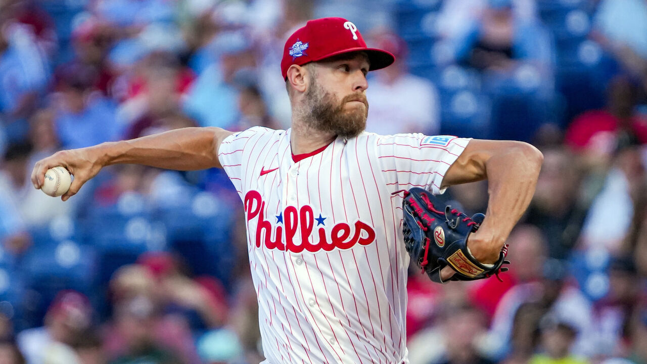 PHILADELPHIA, PA - JUNE 15: Zack Wheeler #45 of the Philadelphia Phillies pitches during the game between the Miami Marlins and the Philadelphia Phillies at Citizens Bank Park on Monday, June 15, 2026 in Philadelphia, Pennsylvania.