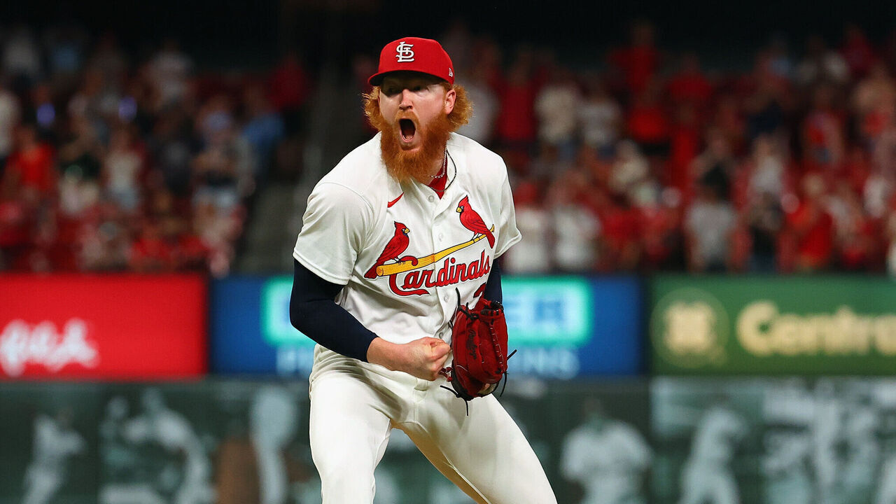 ST LOUIS, MISSOURI - JUNE 15: Dustin May #3 of the St. Louis Cardinals celebrates after recording the final out of the game against the San Diego Padres at Busch Stadium on June 15, 2026 in St Louis, Missouri.