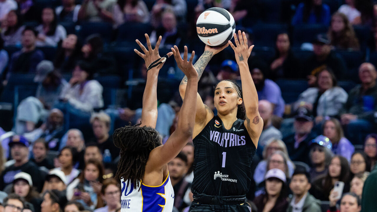 SAN FRANCISCO, CA - JUNE 15: Gabby Williams #1 of the Golden State Valkyries shoots the ball during a WNBA Commissioner's Cup game against the Los Angeles Sparks on June 15, 2026 at Chase Center in San Francisco, CA.