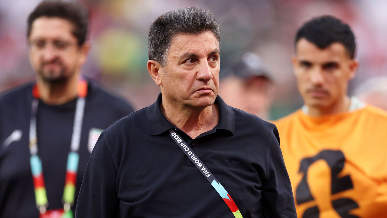 LOS ANGELES, CALIFORNIA - JUNE 15: Amir Ghalehnoy, Head Coach of IR Iran, reacts after the first half during the FIFA World Cup 2026 Group G match between IR Iran and New Zealand at Los Angeles Stadium on June 15, 2026 in Los Angeles, California.