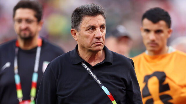 LOS ANGELES, CALIFORNIA - JUNE 15: Amir Ghalehnoy, Head Coach of IR Iran, reacts after the first half during the FIFA World Cup 2026 Group G match between IR Iran and New Zealand at Los Angeles Stadium on June 15, 2026 in Los Angeles, California.