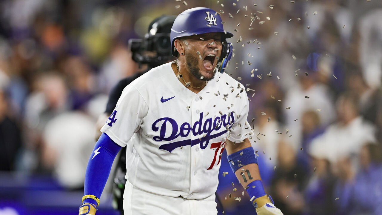 LOS ANGELES, CALIFORNIA - JUNE 15: Miguel Rojas #72 of the Los Angeles Dodgers celebrates hitting a solo home run during the seventh inning against the Tampa Bay Rays at Dodger Stadium on June 15, 2026 in Los Angeles, California.