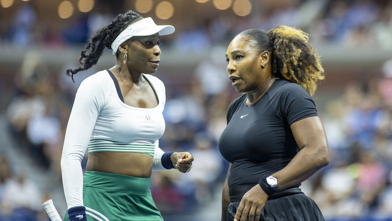 NEW YORK, USA, September 01: Serena Williams and Venus Williams of the United States during their Women's Doubles match on Arthur Ashe Stadium against Lucie Hradecka and Linda Noskova of the Czech Republic during the US Open Tennis Championship 2022 at the USTA National Tennis Centre on September 1st 2022 in Flushing, Queens, New York City.