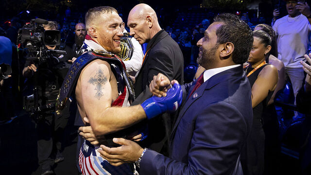 WASHINGTON, DC - JUNE 14: (L-R) Justin Gaethje and FBI Director Kash Patel shake hands during the UFC Freedom 250 event on the South Lawn at the White House on June 14, 2026 in Washington, DC.