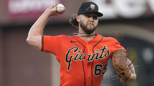 SAN FRANCISCO, CALIFORNIA - JUNE 12: Landen Roupp #65 of the San Francisco Giants pitches against the Chicago Cubs in the top of the third inning of a major league baseball game at Oracle Park on June 12, 2026 in San Francisco, California.