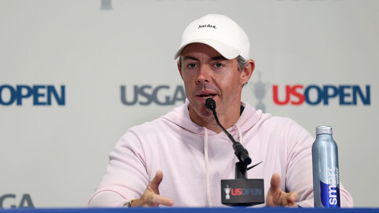 SOUTHAMPTON, NEW YORK - JUNE 16: Rory McIlroy of Northern Ireland speaks to the media during a practice round prior to the 126th U.S. OPEN at Shinnecock Hills Golf Club on June 16, 2026 in Southampton, New York.