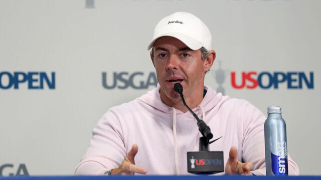 SOUTHAMPTON, NEW YORK - JUNE 16: Rory McIlroy of Northern Ireland speaks to the media during a practice round prior to the 126th U.S. OPEN at Shinnecock Hills Golf Club on June 16, 2026 in Southampton, New York.
