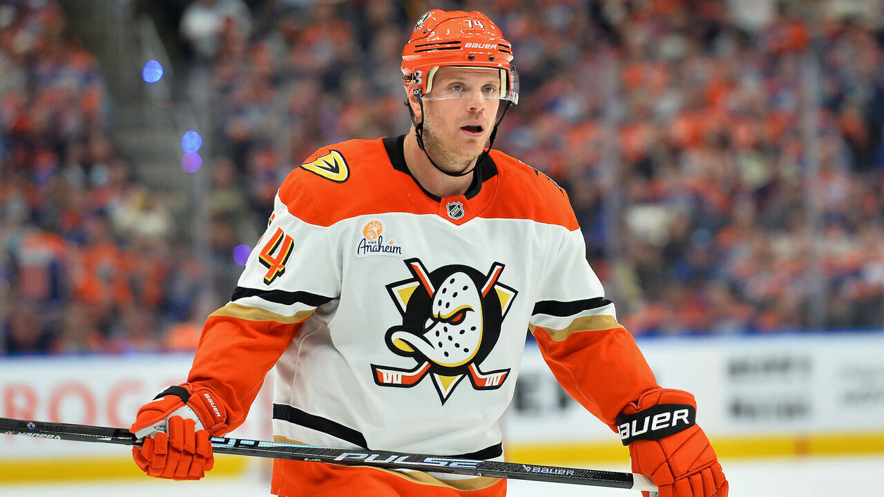 EDMONTON, CANADA - APRIL 28: John Carlson #74 of the Anaheim Ducks skates during Game Five of the First Round of the 2026 Stanley Cup Playoffs against the Edmonton Oilers at Rogers Place on April 28, 2026, in Edmonton, Alberta, Canada.