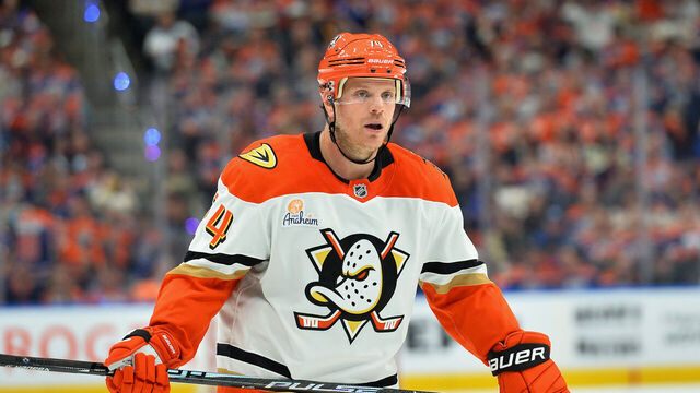 EDMONTON, CANADA - APRIL 28: John Carlson #74 of the Anaheim Ducks skates during Game Five of the First Round of the 2026 Stanley Cup Playoffs against the Edmonton Oilers at Rogers Place on April 28, 2026, in Edmonton, Alberta, Canada.