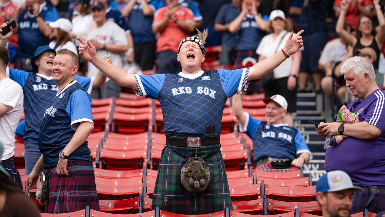 BOSTON, MA - JUNE 14: Members of the Tartan Army, Team Scotland World Cup supporters, are seen in the stands prior to the game between the Texas Rangers and the Boston Red Sox at Fenway Park on Sunday, June 14, 2026 in Boston, Massachusetts.