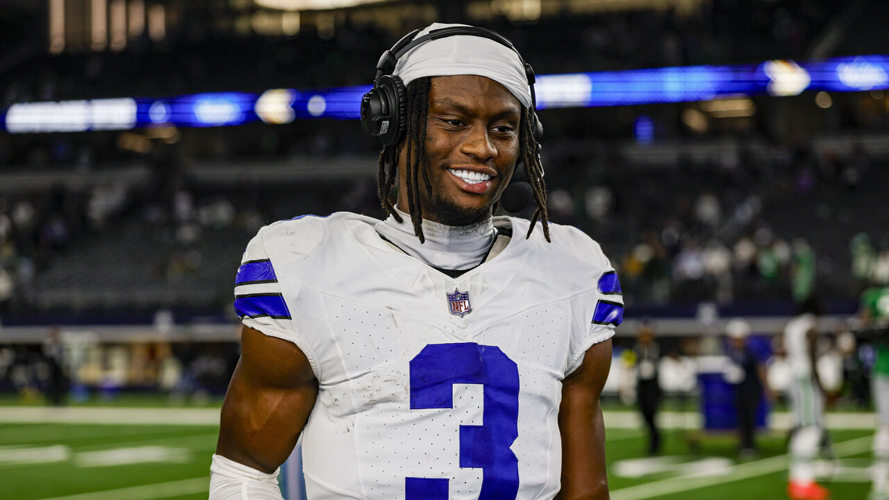 ARLINGTON, TX - NOVEMBER 23: Dallas Cowboys wide receiver George Pickens (3) does an interview after the game between the Dallas Cowboys and the Philadelphia Eagles on November 23, 2025 at AT&T Stadium in Arlington, Texas.
