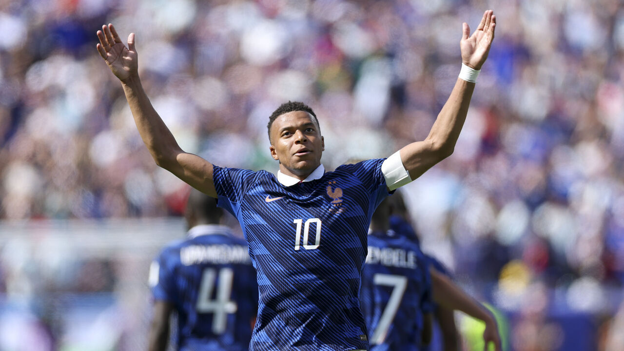 EAST RUTHERFORD, NEW JERSEY - JUNE 16: Kylian Mbappe #10 of France celebrates scoring his team's first goal during the FIFA World Cup 2026 Group I match between France and Senegal at New York New Jersey Stadium on June 16, 2026 in East Rutherford, New Jersey.