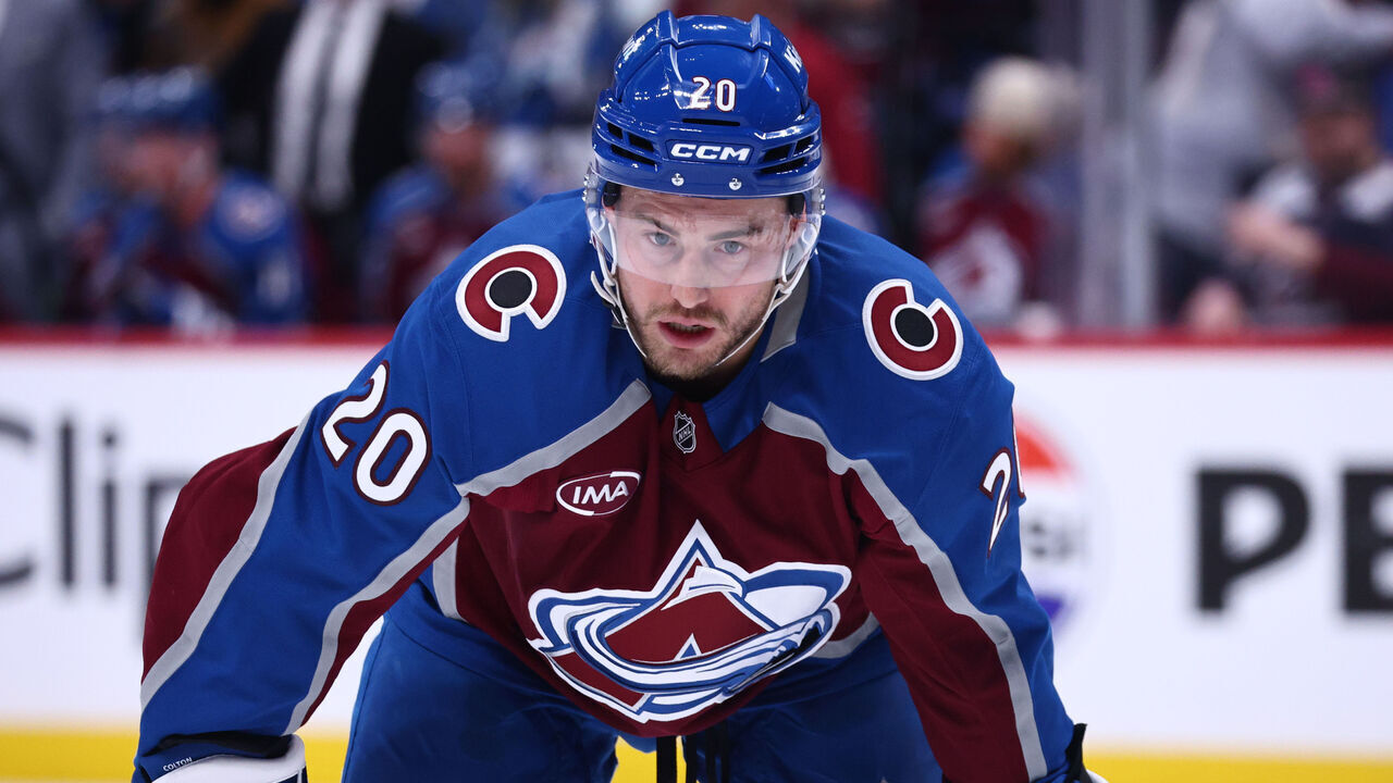 DENVER, COLORADO - MAY 5: Ross Colton #20 of the Colorado Avalanche looks on during a faceoff in the second period in Game Two of the Second Round of the 2026 Stanley Cup Playoffs against the Minnesota Wild at Ball Arena on May 5, 2026 in Denver, Colorado.