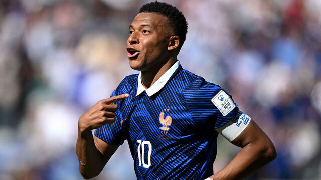 EAST RUTHERFORD, NEW JERSEY - JUNE 16: Kylian Mbappe #10 of France celebrates scoring his team's second goal during the FIFA World Cup 2026 Group I match between France and Senegal at New York New Jersey Stadium on June 16, 2026 in East Rutherford, New Jersey.