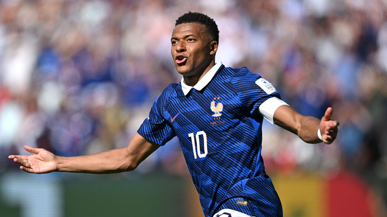 EAST RUTHERFORD, NEW JERSEY - JUNE 16: Kylian Mbappe #10 of France celebrates scoring his team's second goal during the FIFA World Cup 2026 Group I match between France and Senegal at New York New Jersey Stadium on June 16, 2026 in East Rutherford, New Jersey.